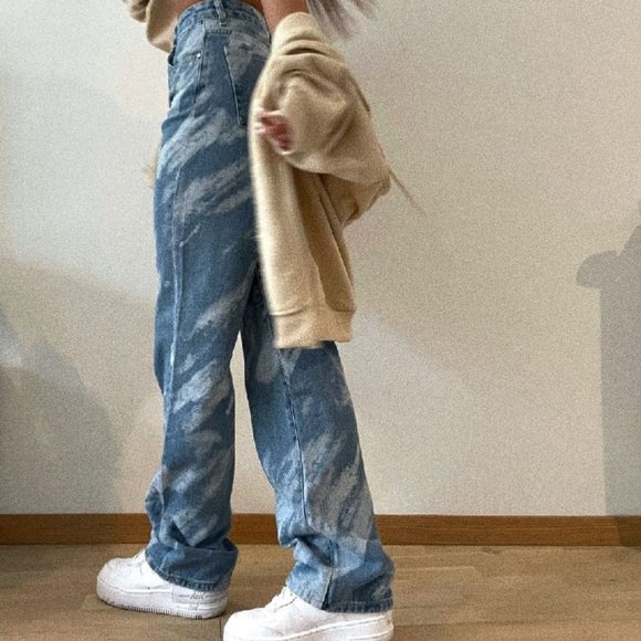 Women Y2K Jeans Large Blue High Rise Wide Leg Tie Dye Print Loose Washed - Picture 3 of 15